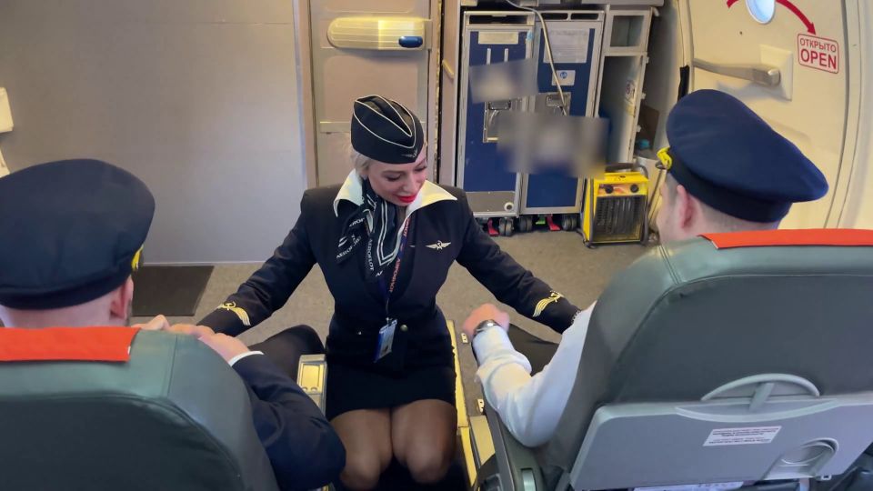 Married newcomer stewardess fuck with both pilots during flight Screenshot 2